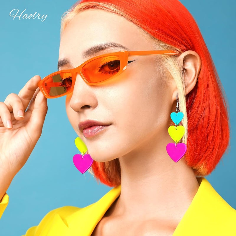 HOLYRY Neon Heart Earrings for Women Acrylic Neon Earrings 80s 90s Outfit for Women Glow Party Accessories Gifts Hot Pink Orange Green Yellow - Image 4
